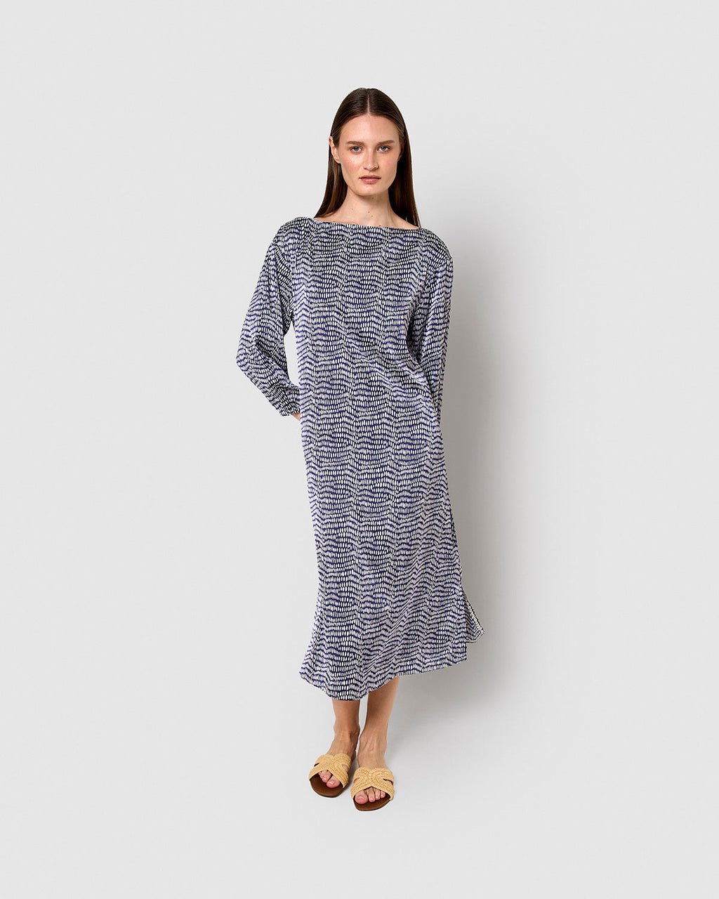 Vestido largo satén deriva azul marino