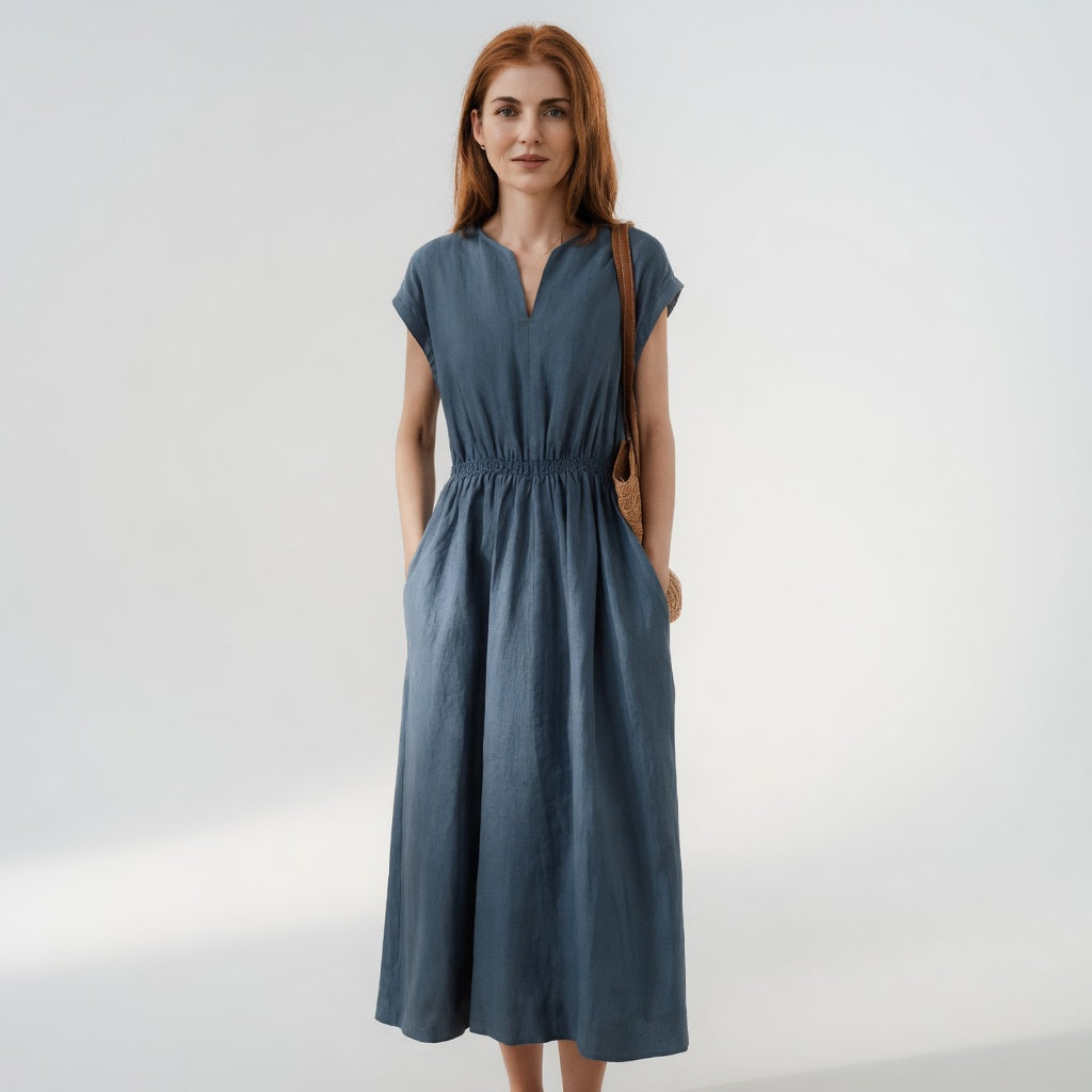 Vestido midi en lino mezclado fluido y elegante