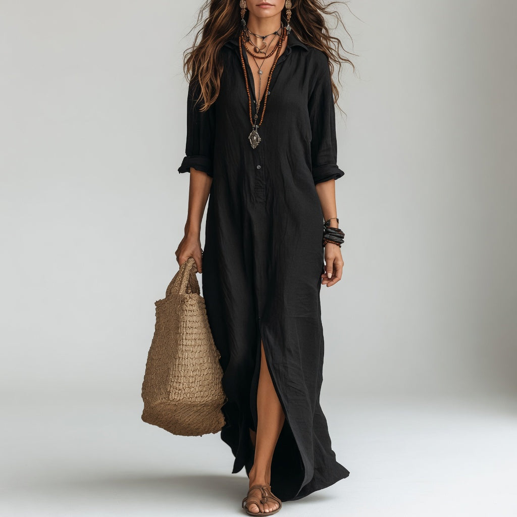 Vestido largo tipo camisa bohemio elegancia natural