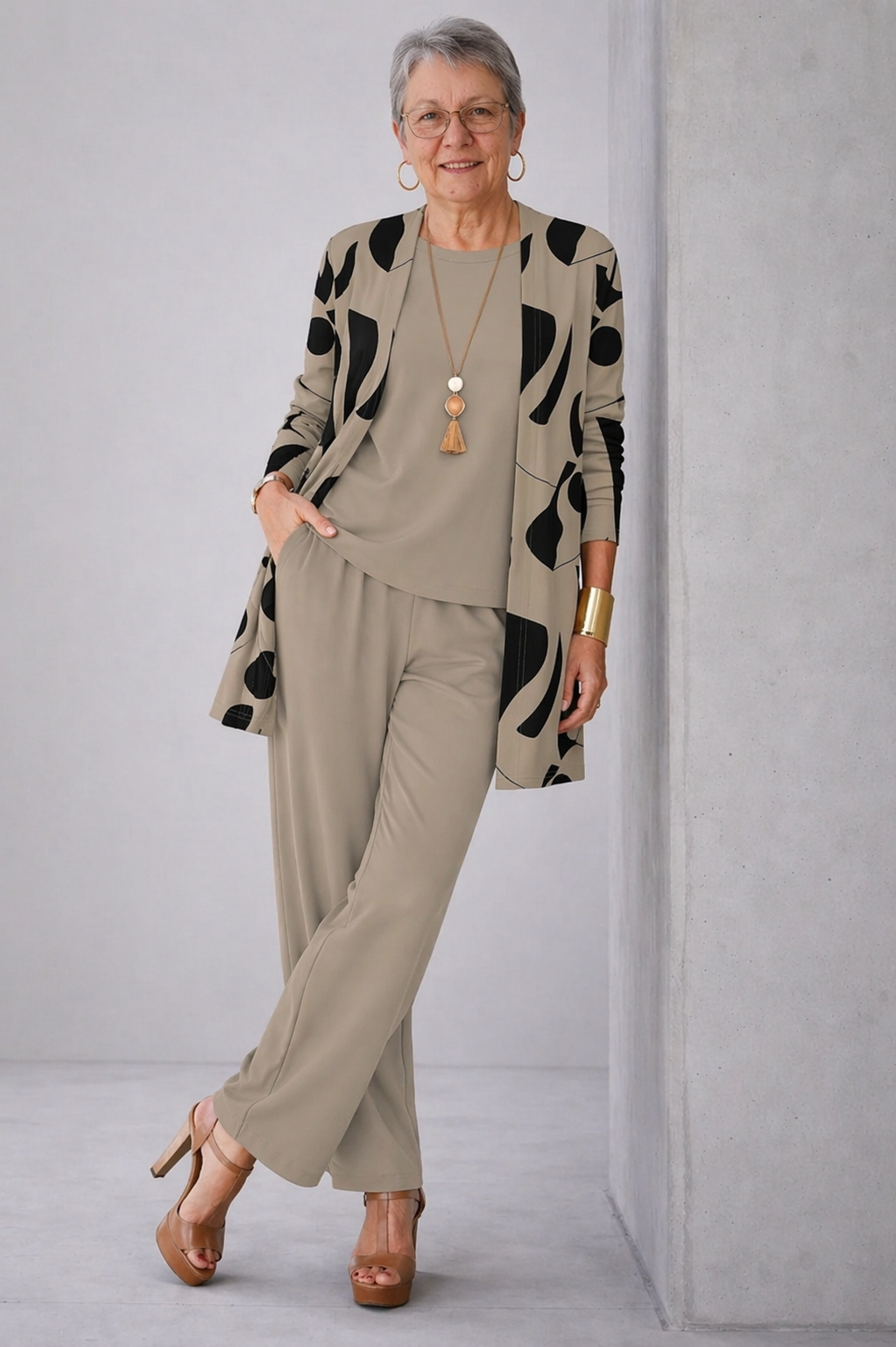 Conjunto 3 piezas taupe estampado
