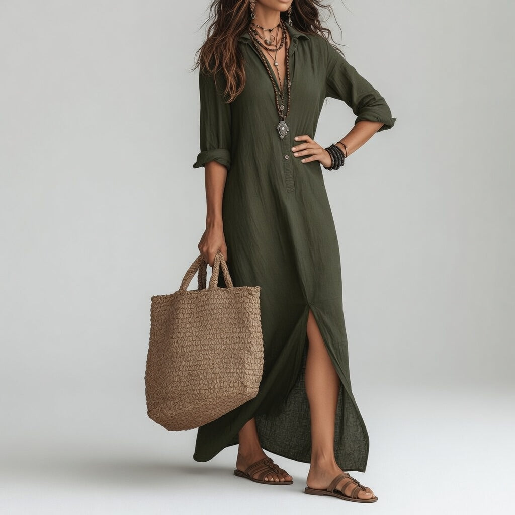 Vestido largo tipo camisa bohemio elegancia natural