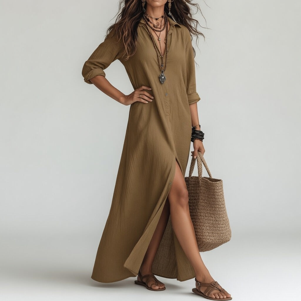 Vestido largo tipo camisa bohemio elegancia natural