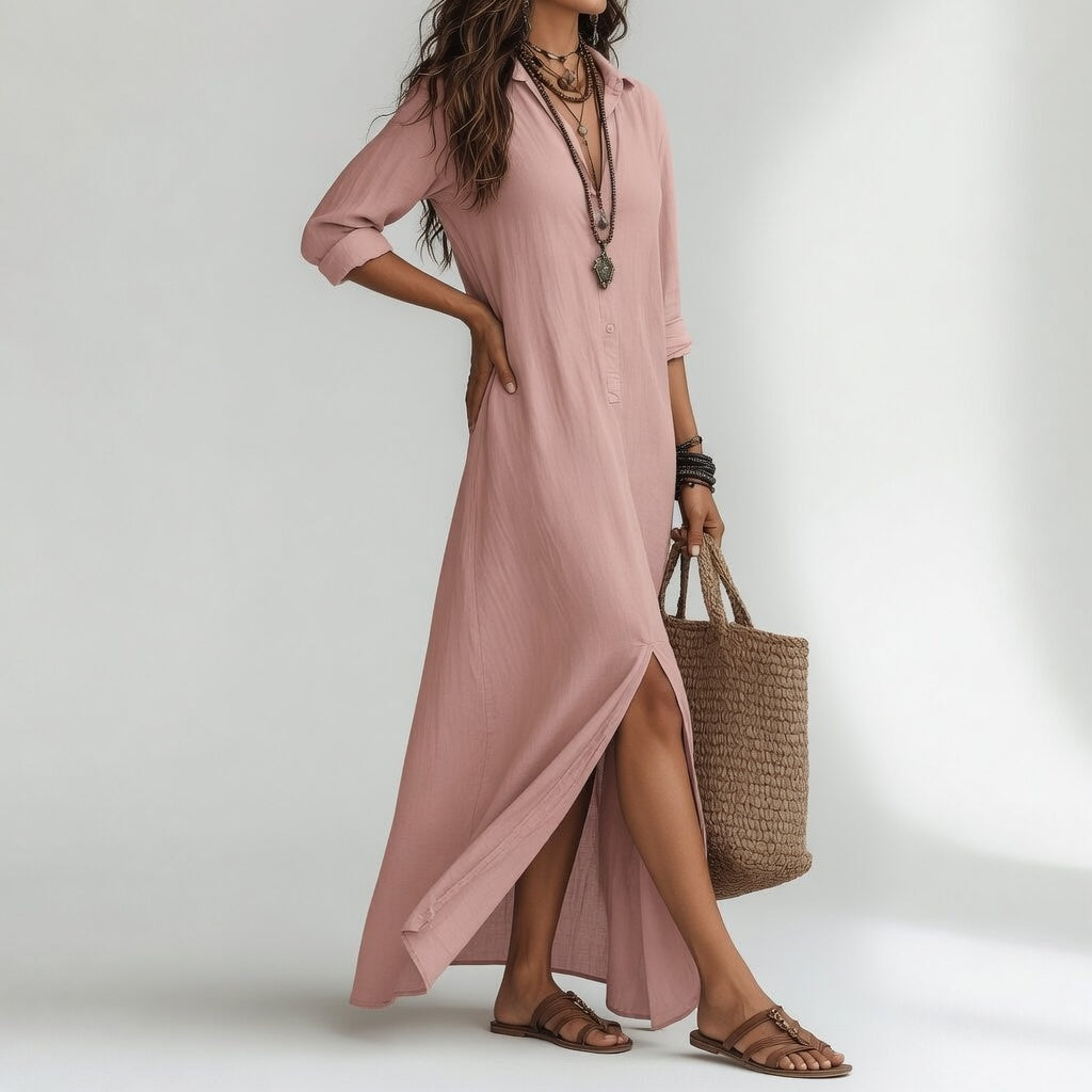 Vestido largo tipo camisa bohemio elegancia natural