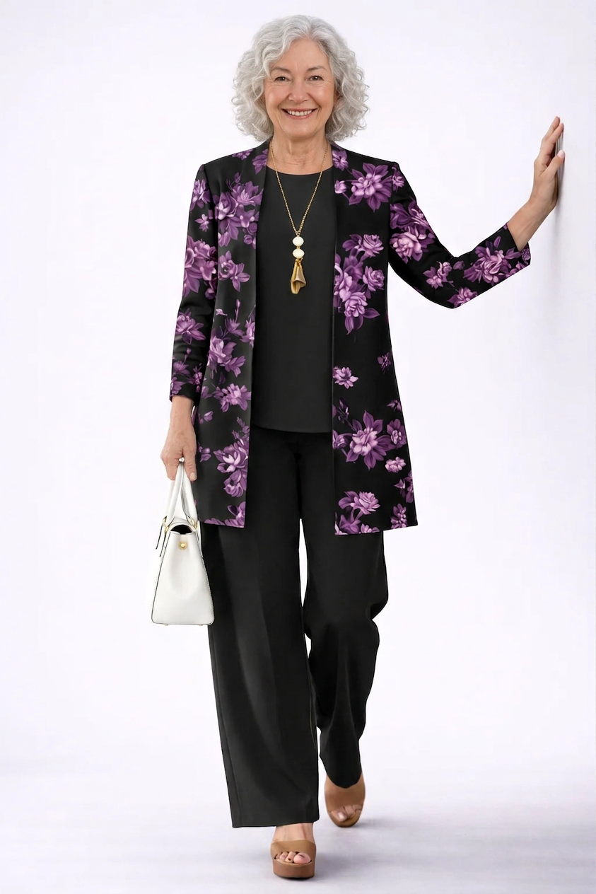 Conjunto 3 piezas negro floral malva