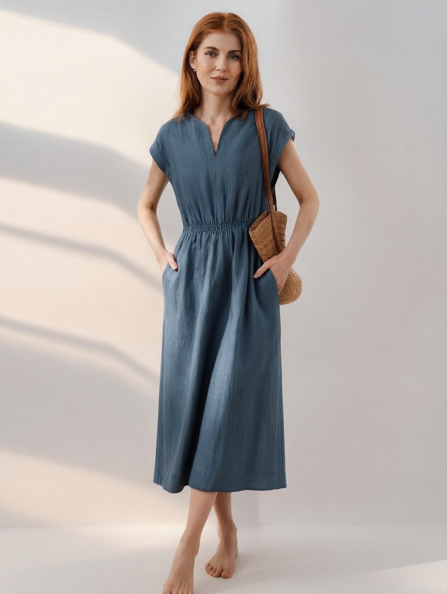 Vestido midi en lino mezclado fluido y elegante
