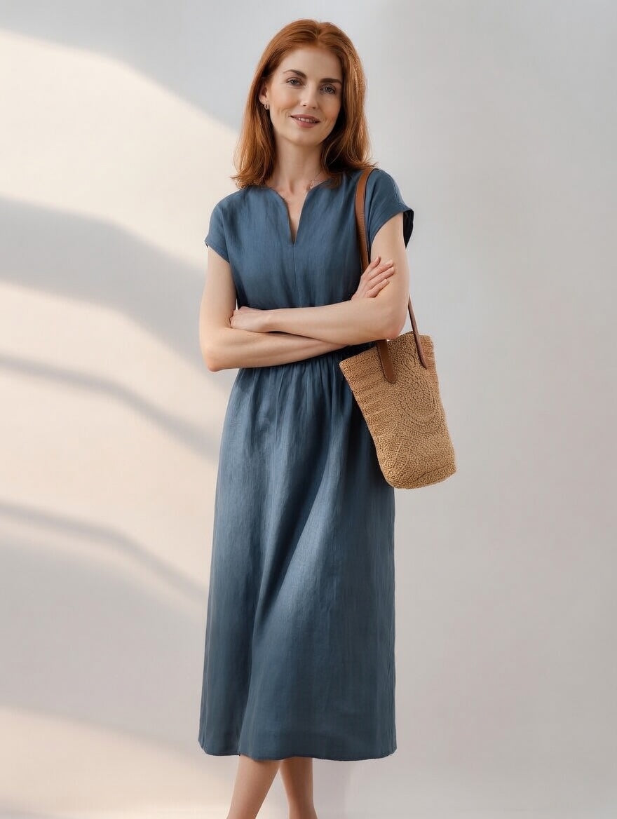 Vestido midi en lino mezclado fluido y elegante