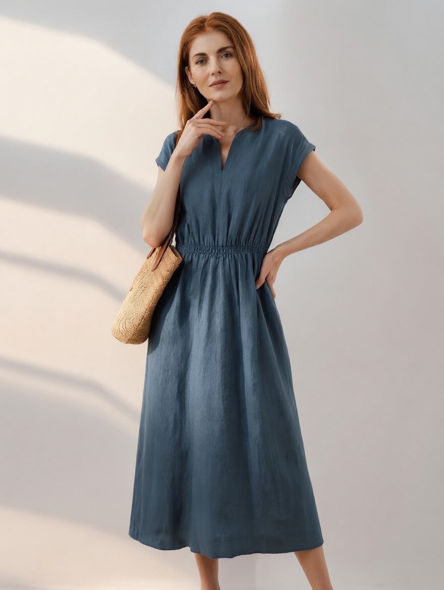 Vestido midi en lino mezclado fluido y elegante
