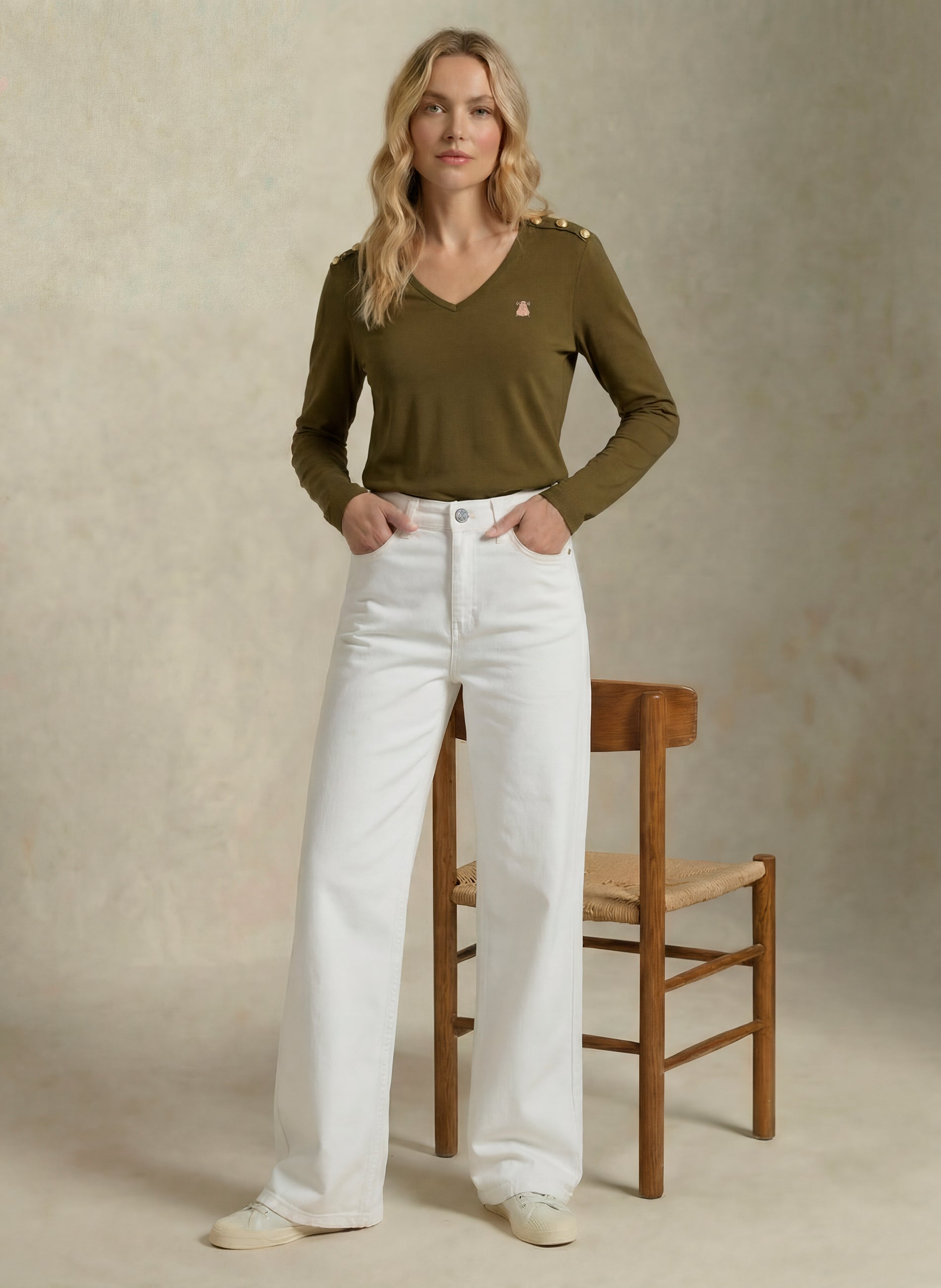 Pantalón Blanco Vaquero pierna Ancha Mujer