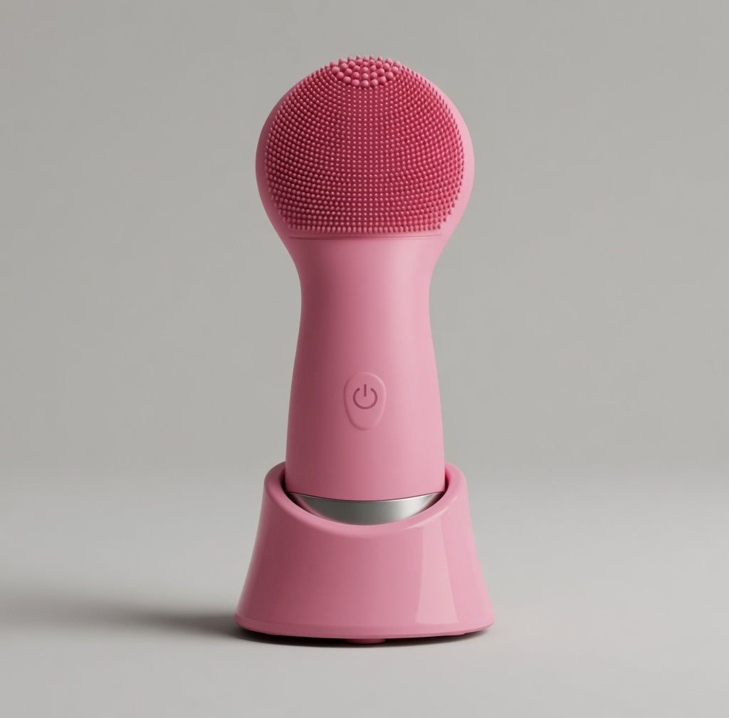 Sonic Silicone Facial Cleansing Brush in pink with charging stand